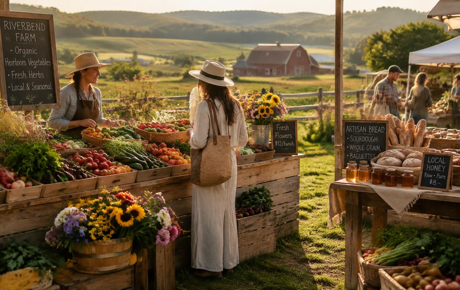 Organic market stalls on the farm at golden hour